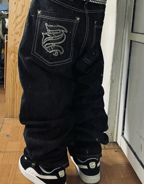 Load image into Gallery viewer, Streetwear PROTECT Jeans Y2K Mens Pants Harajuku Hip Hop Letter Embroidery Vintage Blue Baggy Jeans High Waist Wide Leg Trouser
