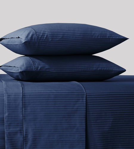 Feather & Stitch 500 TC California King Size Bed Sheet Set, 100% Cotton Soft Breathable Bedsheets, 4 Piece 18" Deep Pockets Sateen Weave Striped Bedding Mattress Resort Hotel - (Dark Blue Stripe)