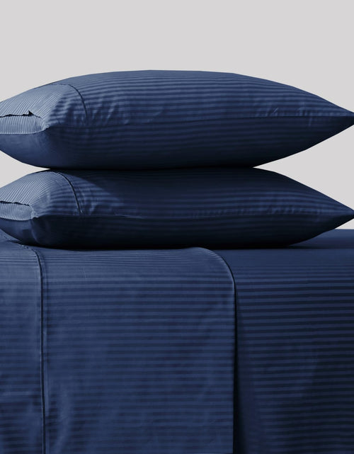 Load image into Gallery viewer, Feather &amp; Stitch 500 TC California King Size Bed Sheet Set, 100% Cotton Soft Breathable Bedsheets, 4 Piece 18" Deep Pockets Sateen Weave Striped Bedding Mattress Resort Hotel - (Dark Blue Stripe)
