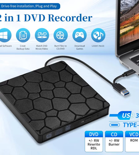 External DVD RW Drive USB 3.0 Type C 2 in 1 Interface Slim DVD CD Writer Burner Reader Player Optical Drive for Laptop PC