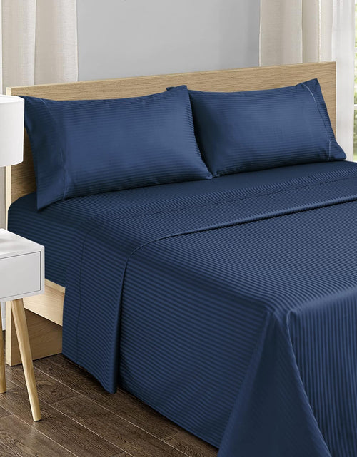 Load image into Gallery viewer, Feather &amp; Stitch 500 TC California King Size Bed Sheet Set, 100% Cotton Soft Breathable Bedsheets, 4 Piece 18" Deep Pockets Sateen Weave Striped Bedding Mattress Resort Hotel - (Dark Blue Stripe)

