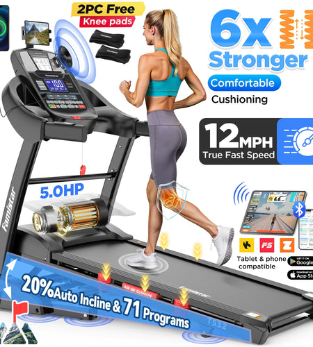 5.0HP Folding Treadmill for Home with 20 Auto Incline, Smart APP, 300Lbs, Hifi Bluetooth Speakers, 64 Programs, 12MPH Speed, Foldable Electric Treadmill Running Machine, Knee Strap Gift