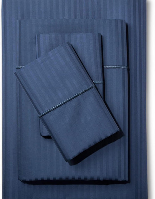 Load image into Gallery viewer, Feather &amp; Stitch 500 TC California King Size Bed Sheet Set, 100% Cotton Soft Breathable Bedsheets, 4 Piece 18" Deep Pockets Sateen Weave Striped Bedding Mattress Resort Hotel - (Dark Blue Stripe)
